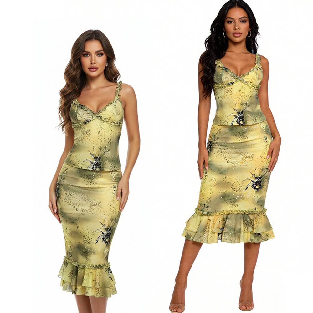 Midi Skirt Floral - Damski Zestaw Sukienkowy 2-częściowy z Kwiatowym