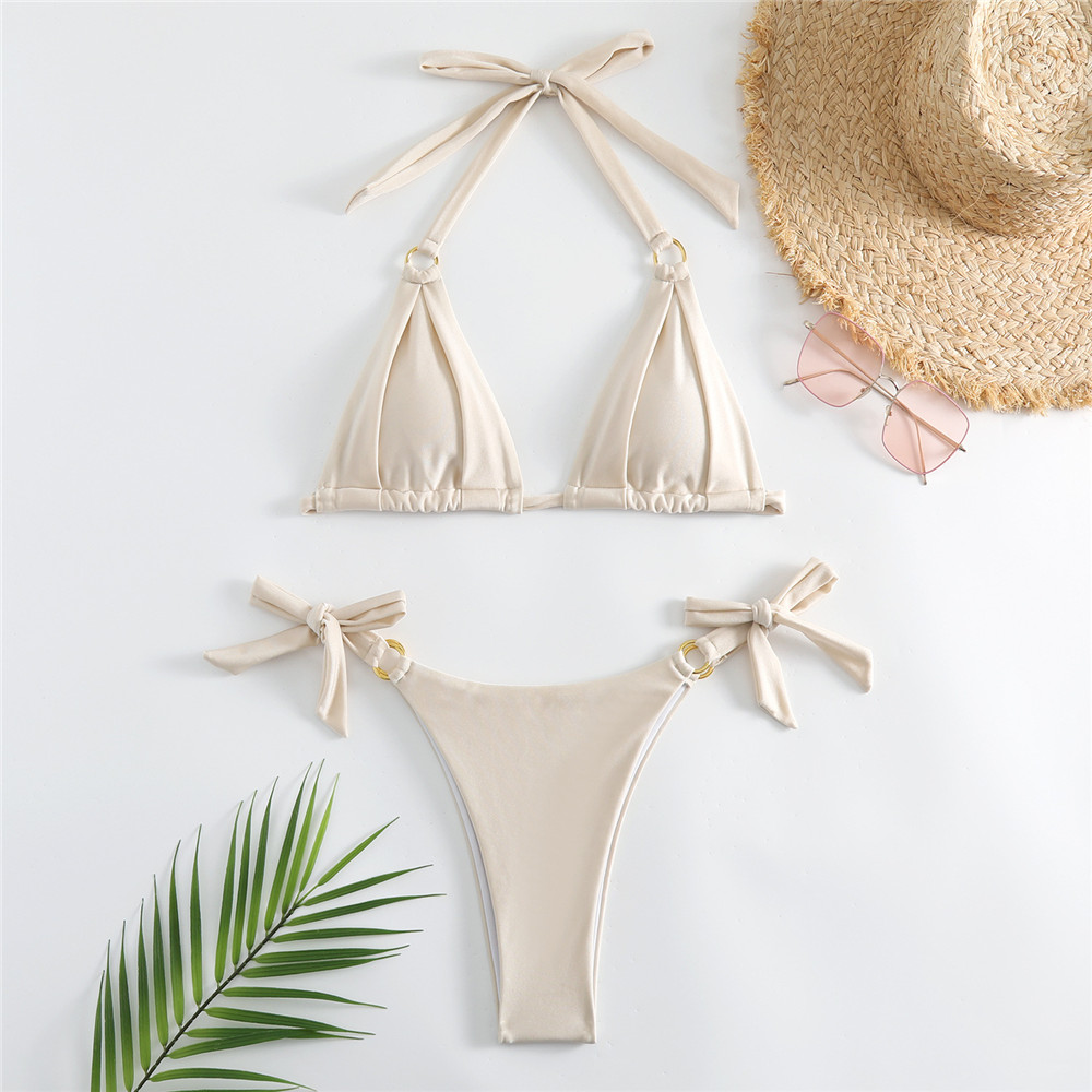 Swimsuit Bikini Ruched - Biały marszczony strój kąpielowy z kokardą,