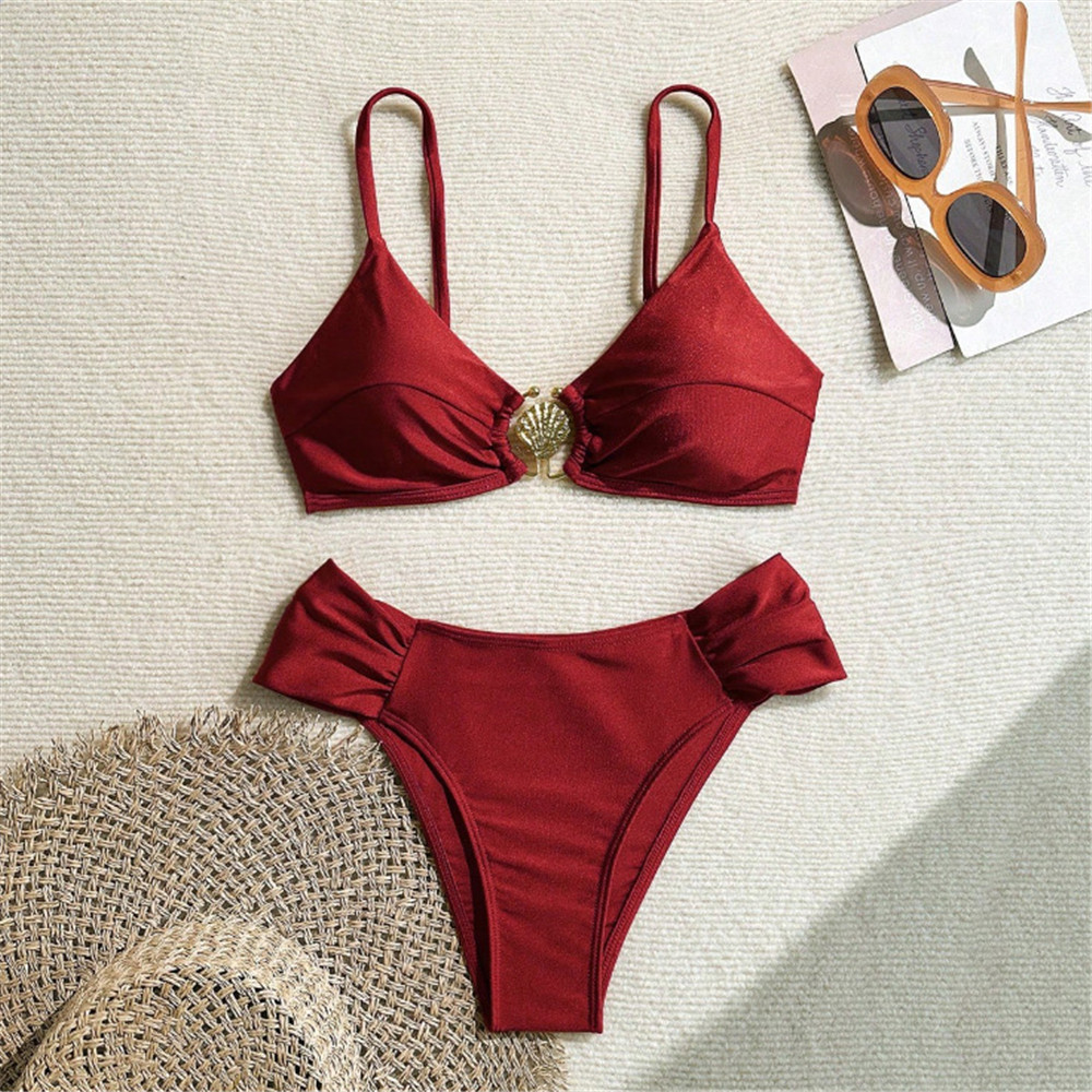 Swimsuit Bikini Ruched - Metalowe Pierścienie na Biustonoszu, Seksowne Bikini