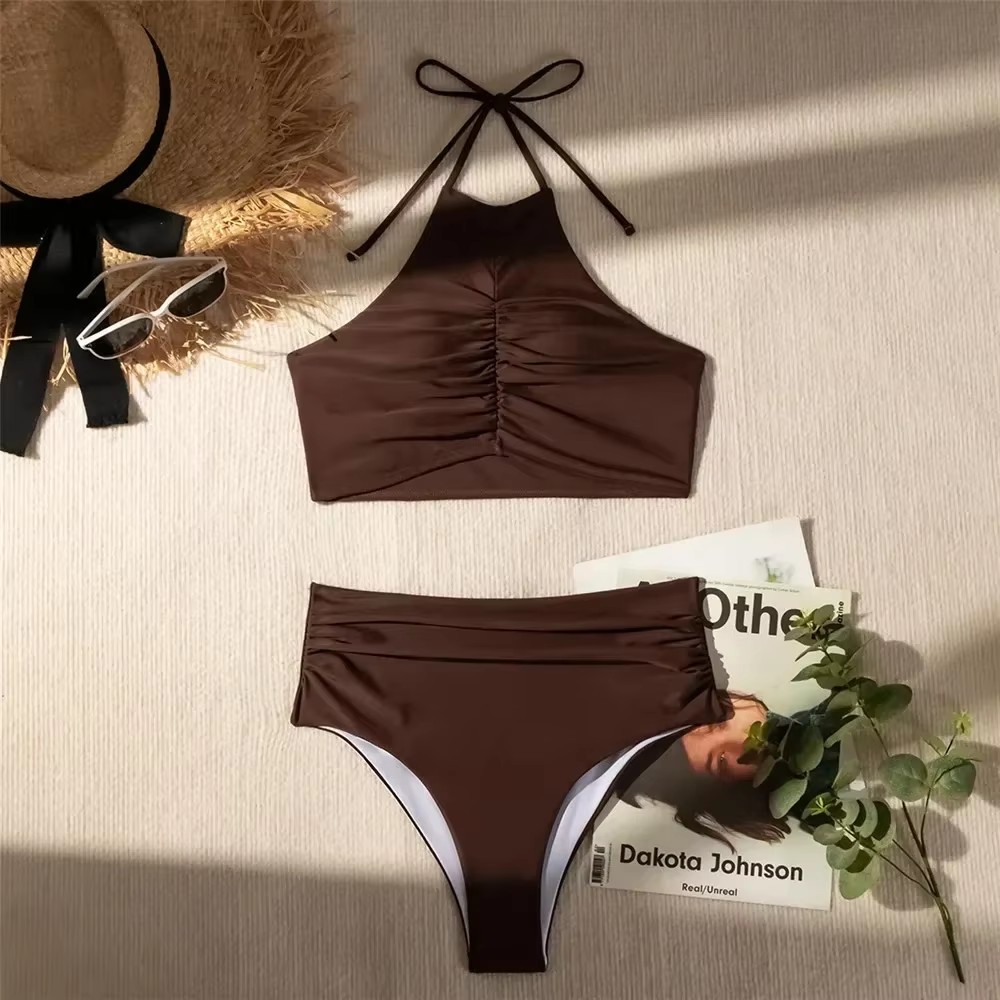 Ciemnobrązowe, jednolite stroj – Swimsuit Bikini Ruched recenzja i cena
